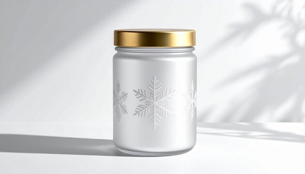 Elegant cosmetic mockup of a frosted glass jar with a gold lid, featuring an embossed snowflake design for a luxurious winter theme
