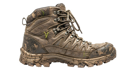 Rugged hiking boot covered in mud ready for outdoor adventures, explore nature with durable footwear, tough trail boot after conquering challenging terrain, adventurous spirit