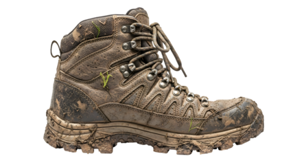 Rugged hiking boot covered in mud ready for outdoor adventures, explore nature with durable footwear, tough trail boot after conquering challenging terrain, adventurous spirit