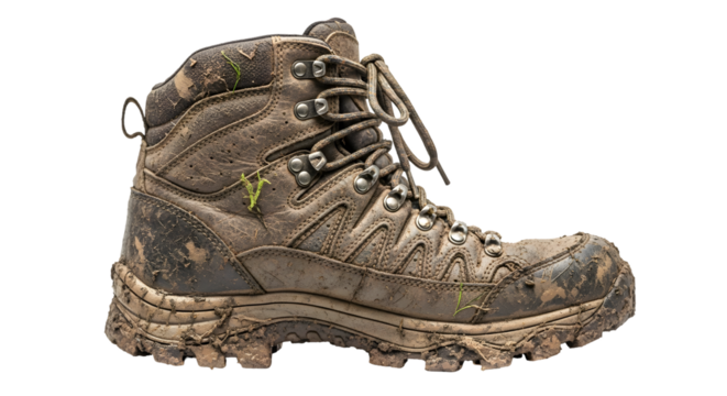 Rugged hiking boot covered in mud ready for outdoor adventures, explore nature with durable footwear, tough trail boot after conquering challenging terrain, adventurous spirit