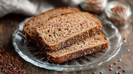 Some slices of rye bread with flax seeds in a glass plate