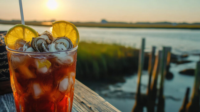 Refreshing cocktail with oysters and lemon slices at sunset over water - Powered by Adobe