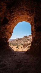 Step into a breathtaking desert vista through a dramatic cave opening, revealing rugged sandstone cliffs and vast, arid landscapes under a clear blue sky