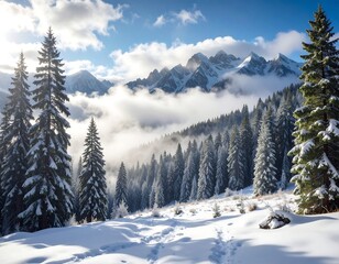 Snowy forest scene with towering evergreens and majestic mountains
