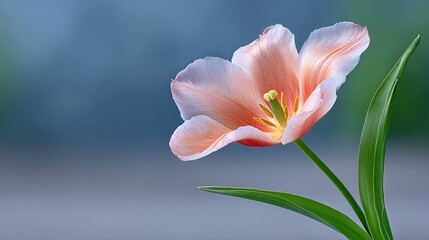 Fototapeta premium Pale Pink Tulip Flower Macro Petal Delicate Speckled Texture Glowing Sunlight Soft Focus Blurred Blue Green Background Green Leafy Stem Dew Drops Spring Blossom Garden Beauty