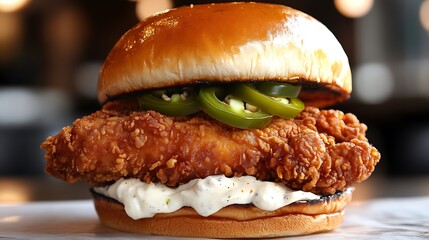 Southern fried chicken sandwich with mayo and jalapenos