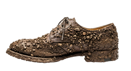 Gritty determination showcased by a brown leather dress shoe caked in mud and dirt, embodying resilience and rugged style, perfect for outdoor fashion or challenging terrain marketing