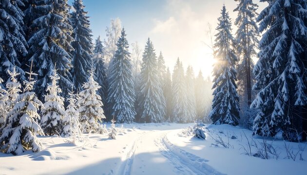 Snowy forest scene with trails and sun shining through trees - Powered by Adobe