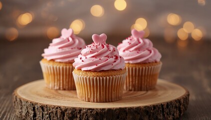 Indulge in sweet moments with three delightful pink frosted cupcakes topped with heart sprinkles, perfect for celebrations and expressions of love.