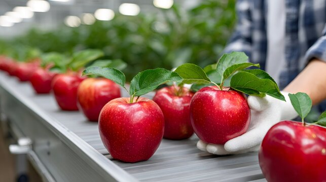 Worker checking fresh red apples on conveyor belt