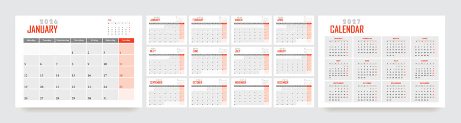 2026 new year monthly calendar layout template design, planner, desk calendar for 2026 year