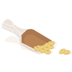 Wooden Scoop Filled With Soybeans On A White Background With Scattered Beans And A Soft Shadow Illustration