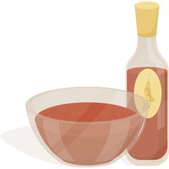Clear glass bottle with yellow cap filled with reddish liquid next to transparent glass bowl filled with reddish liquid on white background with shadow