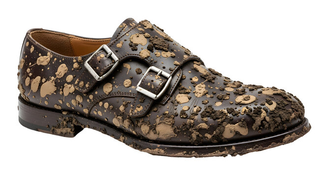 Distressed brown leather monk strap shoe covered in mud splatters, a perfect blend of rugged style and luxury, ideal for adventurous fashion statements and unique marketing campaigns