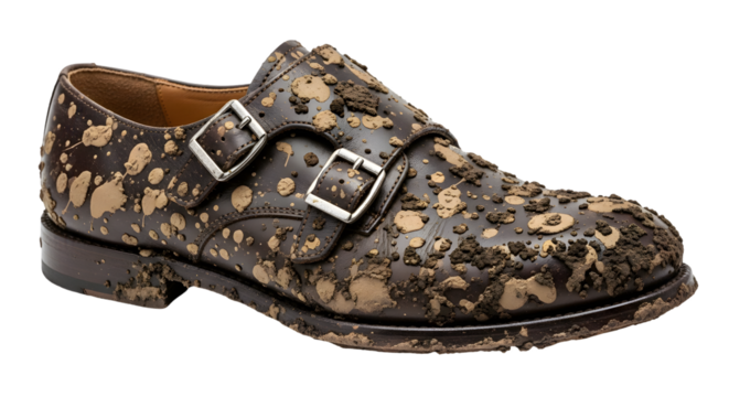 Distressed brown leather monk strap shoe covered in mud splatters, a perfect blend of rugged style and luxury, ideal for adventurous fashion statements and unique marketing campaigns