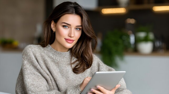Woman smiling using digital tablet at home