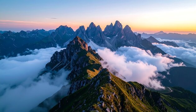 Aerial view captures a mountainous range at dawn, with peaks piercing above low-lying clouds, bathed in golden light