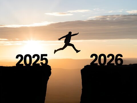 silhouette of a person jumping across  2025 comming 2026 celebration
