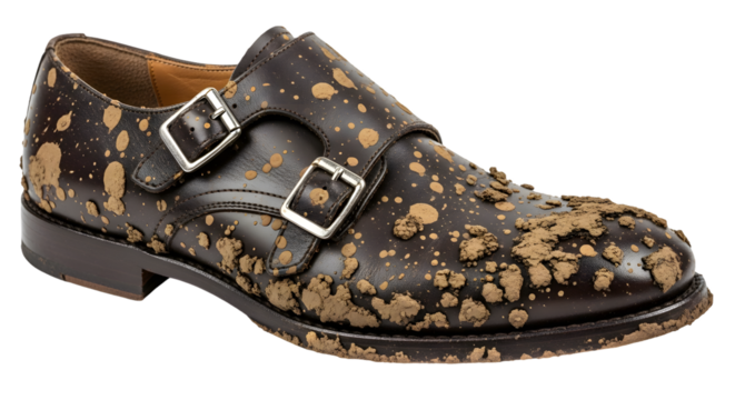 Mud-splattered brown leather monk strap shoe shows rugged style and adventurous spirit, perfect for outdoor fashion, conveying resilience and unique character with worn charm