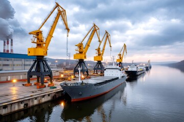 Fototapeta premium Cargo ships loading at industrial port with cranes