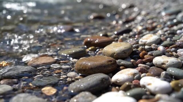 Time lapse footage of a single pebble slowly being smoothed and shaped by a continuous, gentle flow of water over an extended period, symbolizing natural erosion.