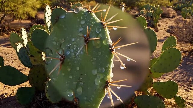 An abstract, artistic close up of cactus spines, presenting them as a natural, repeating pattern or texture, with water droplets glistening after a rare desert rain.