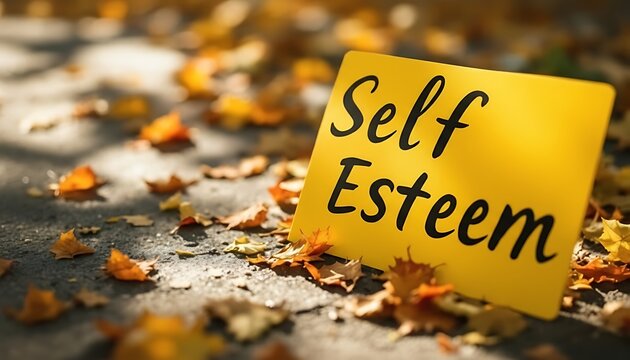Yellow card with the words self esteem written in black ink on a path with autumn leaves