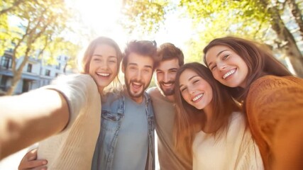 Happy diverse group young adults smiling outdoors taking selfie bright sunlight park