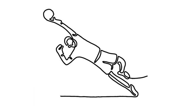 Continue line animation of jumping football goalkeeper catches the ball