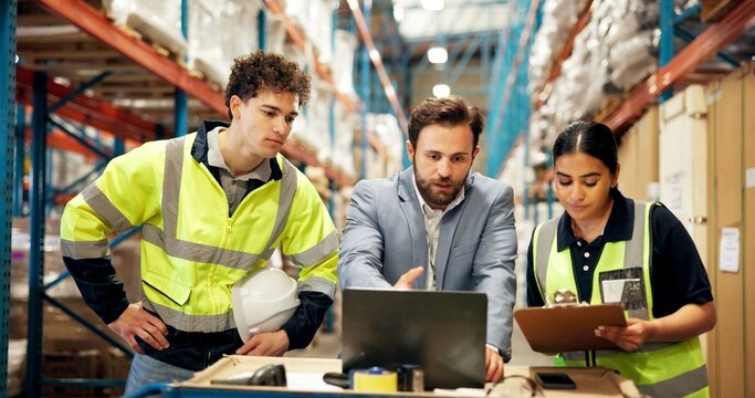 Logistics, review or team in warehouse with laptop, checklist or inventory management of shipment. Distribution, tech or supplier in depot with clipboard, order track or collaboration in supply chain