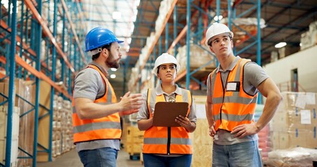 Logistics, checklist or people with warehouse inspection for shipping efficiency, storage or distribution. Supply chain, teamwork or group with export plan for productivity, quality control or agenda