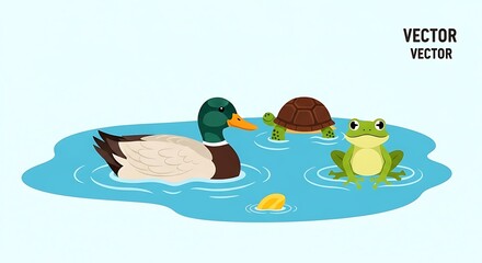 Cute cartoon duck turtle and frog swimming in a pond illustration.