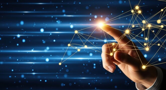 Finger Touching Glowing Network on Abstract Blue Background