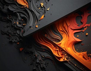 An abstract composition, split diagonally. Dark, flowing forms on one side contrast with fiery orange swirls on the other, creating visual tension