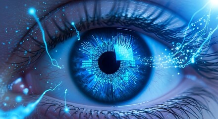 Close up of a blue eye with digital interface and glowing light effects