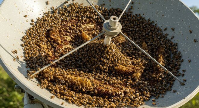 Large swarm of honeybees congregates densely inside a repurposed satellite dish structure outdoors - Powered by Adobe