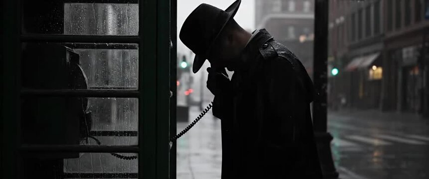 Man in fedora hat talking intensely on public phone booth in heavy rain city
