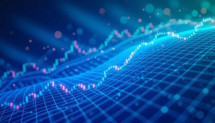 Futuristic digital finance illustration featuring abstract data visualization, stock exchange graph, and glowing blue lines