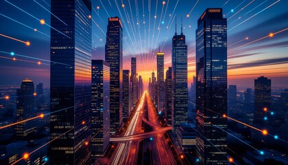 Stunning futuristic cityscape at night, illustrating global connection and digital innovation through brilliant fiber optic light trails across the urban skyline and busy highway infrastructure