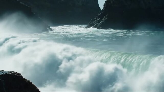 Presenting the serene yet powerful beauty of a single, perfectly formed wave, from its deep ocean swell to its graceful, inevitable collapse on a pristine shore.