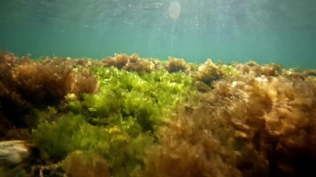 Underwater Algae Close up Macro perspective highlighting intricate textures, patterns, and vibrant natural colors of diverse algae species.