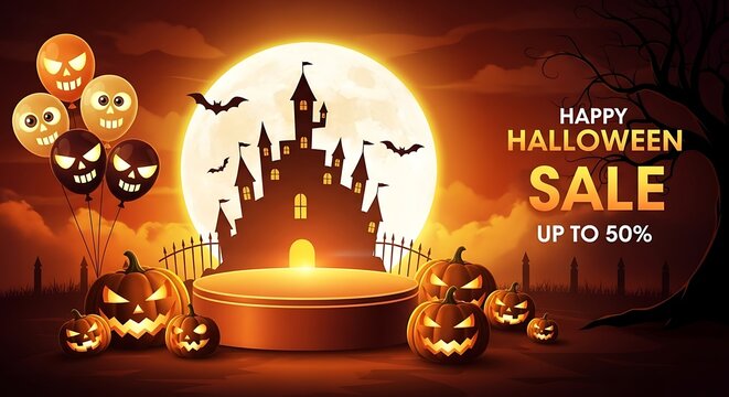 Halloween sale promotion with spooky castle, pumpkins and balloons at night