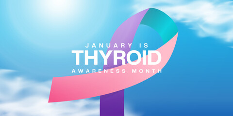 January is National Thyroid Awareness Month. Ribbon, sun and cloud. Suitable for posters, banners and social media. Blue background.