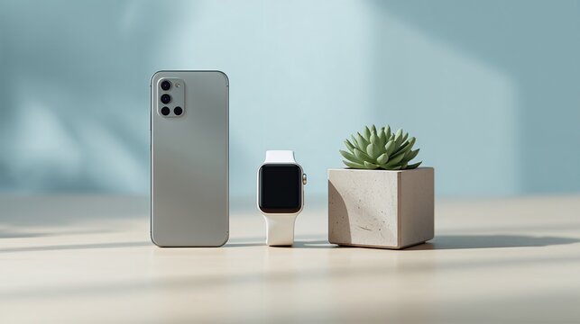 Sleek silver smartphone and modern smartwatch sit beside a minimalist concrete planter with a succulent, bathed in soft, natural light creating a serene, tech-focused aesthetic. - Powered by Adobe