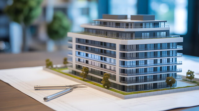 Architectural Vision: A detailed scale model of a modern high-rise building rests on a blueprint, showcasing an architect's design