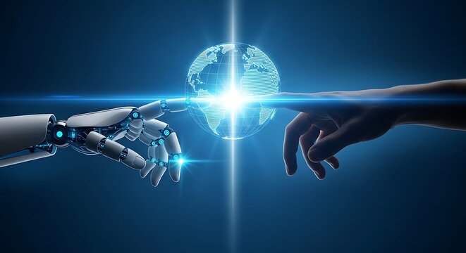Human and robot hands reaching to touch glowing digital fingerprint symbolizing ai connection