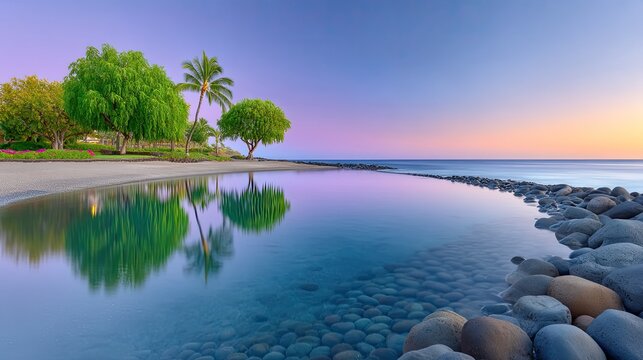 Tranquil Tropical Shoreline at Dusk with Two Palm Trees Reflected in Calm Water and Rocky Beach Under a Purple and Pink Sky