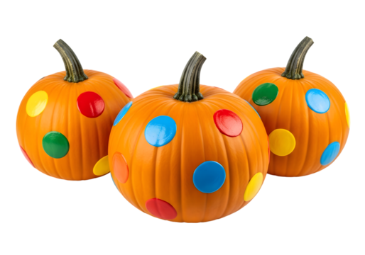 Festive Halloween pumpkins decorated with colorful polka dots offer a cheerful and whimsical touch to autumn celebrations, creating a playful and inviting seasonal atmosphere