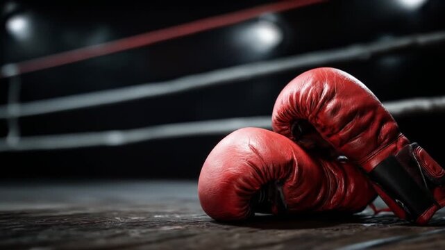 Dismal boxing ring scene with red gloves resting on a worn wooden floor, moody lights, tense silence