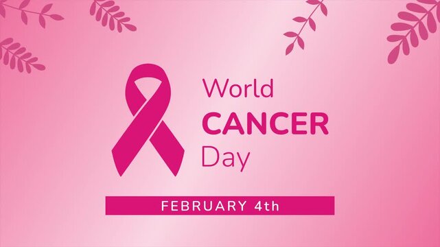 World cancer day loop animation. World cancer day symbolizes february 4th, promoting awareness with a pink ribbon. Ideal for health campaigns, educational materials, and medical websites.